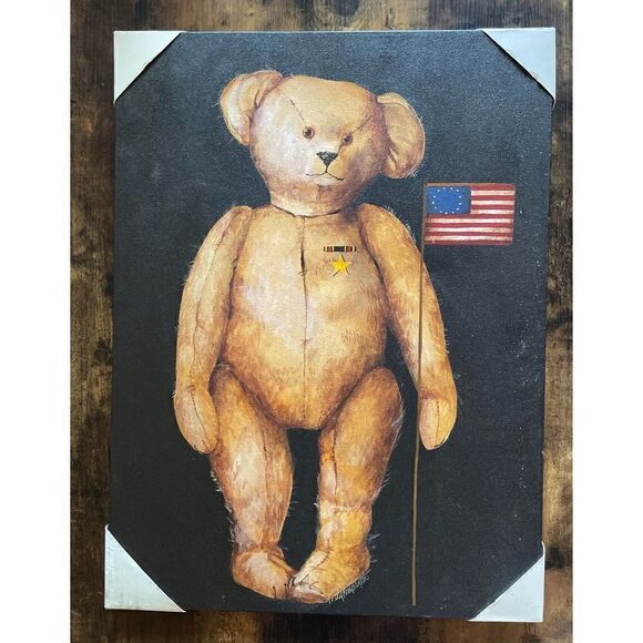 Original Acrylic Patriotic Teddy Bear, Painting on canvas/  artist signature - Picture 1 of 6